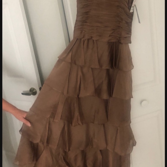 Ruffle Evening Gown floor Length Taupe Brown - Picture 2 of 8